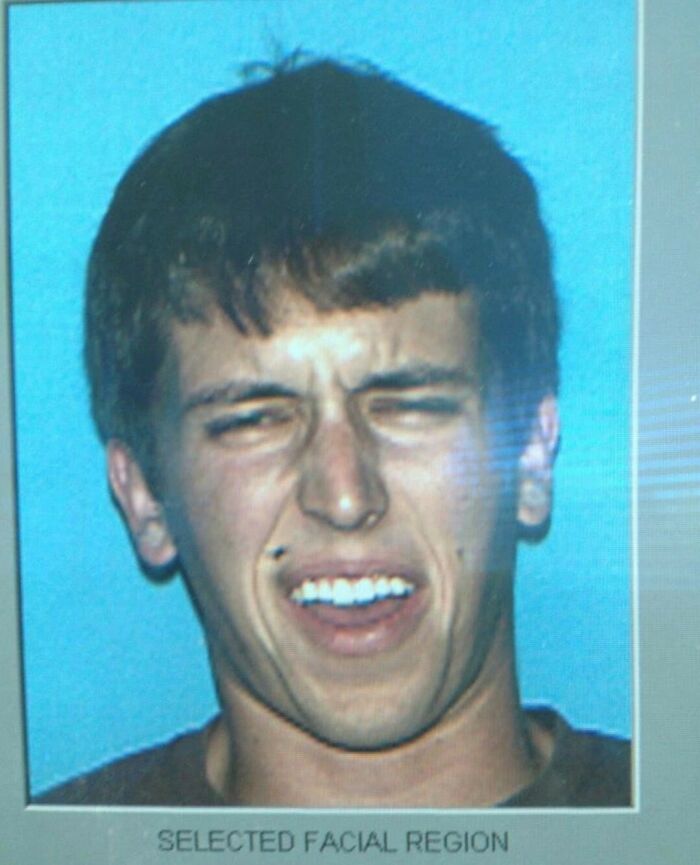 Awkward family photo of a young man making a funny face, with text overlay "Selected Facial Region."