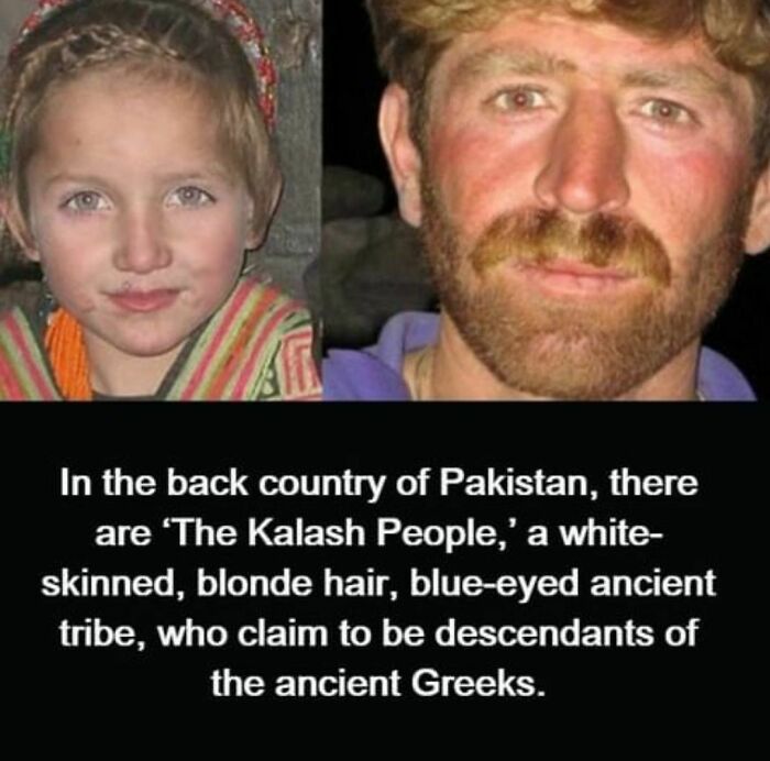 Photo of two people with light skin and blue eyes, illustrating weird facts about the Kalash people in an Instagram post.
