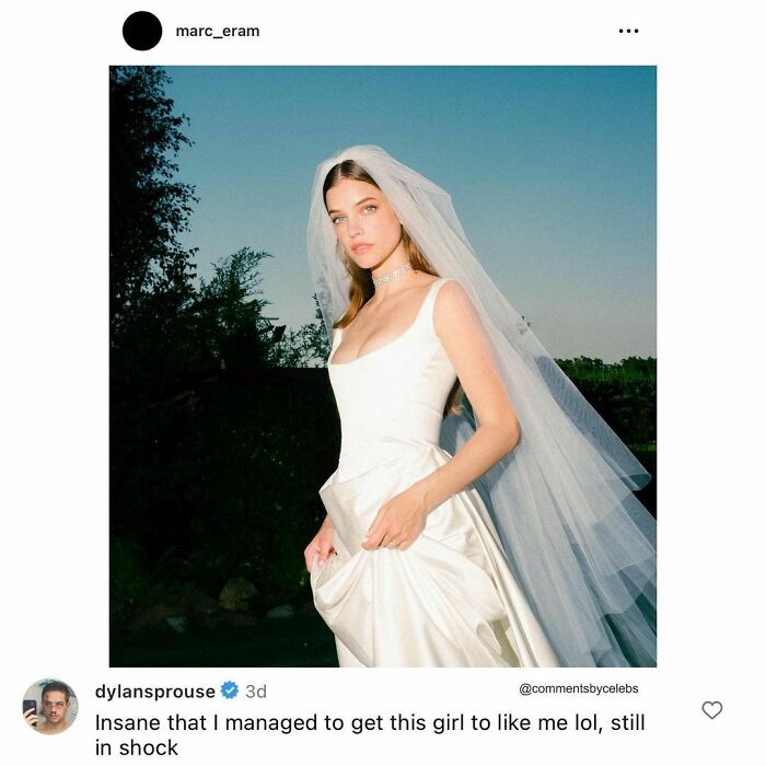 Bridal portrait with lace veil and a funny comment by a celeb about being in shock.
