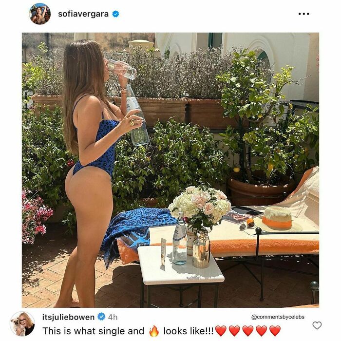 Celebrity enjoying a sunny day in a blue swimsuit, with a funny comment about being single below.