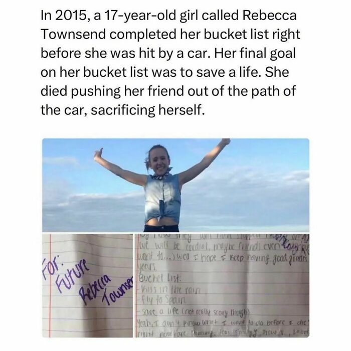 Teen girl completes bucket list by heroically saving a life, depicted with her note and smiling portrait.