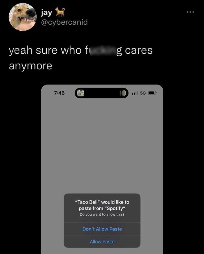 Phone notification meme with humorous permission request between Taco Bell and Spotify.