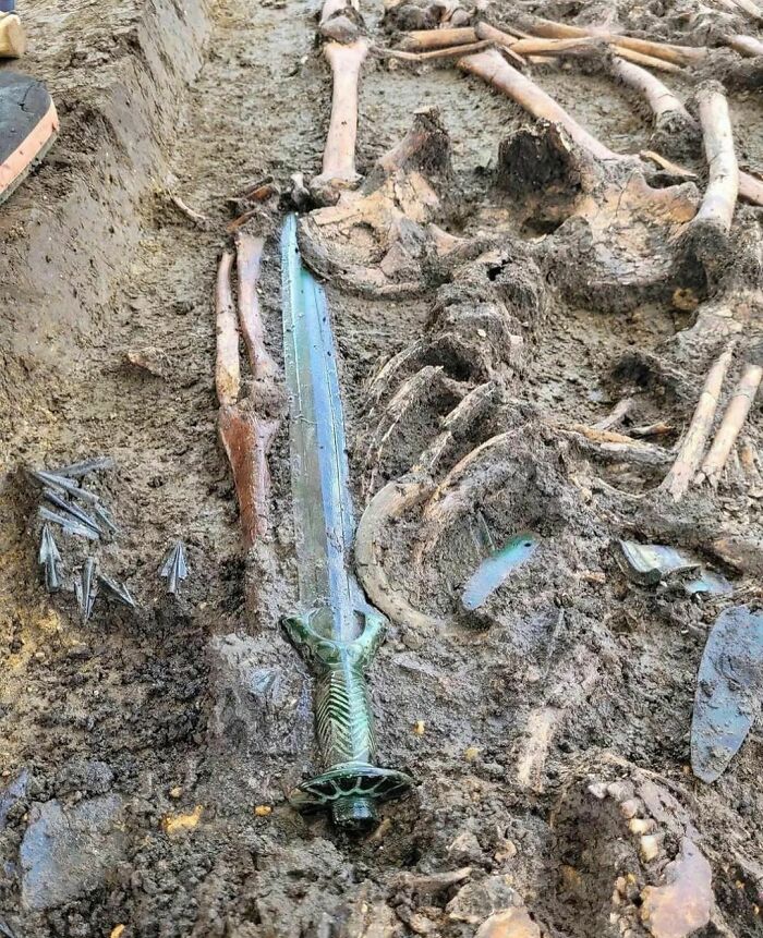Ancient sword and bones unearthed in muddy excavation, showcasing interesting archaeological discoveries.