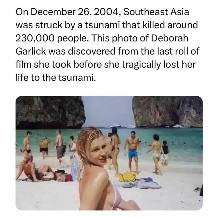 Beach scene with people in swimsuits; main subject smiles at the camera. Part of an Instagram account sharing weird facts.