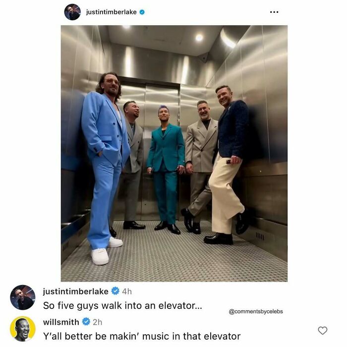 Celebs sharing funny comments while posing in an elevator.