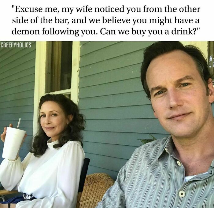 Man and woman on a porch, with a humorous horror-related caption.