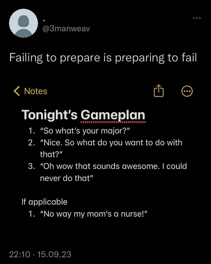 Notes app with a funny game plan, showcasing humorous conversation starters for social scenarios.