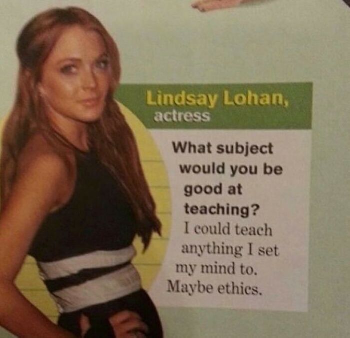 Actress standing next to a text bubble with a humorous statement about teaching ethics. Funny-Memes-Unbruhthered.