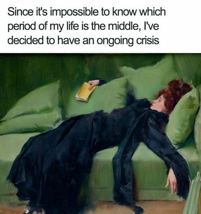 Woman in black dress reclining on a green sofa, holding a book, surrounded by text about life crises.