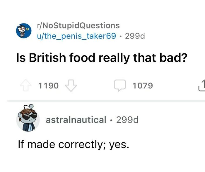 A hilarious meme about British food humor and its taste.