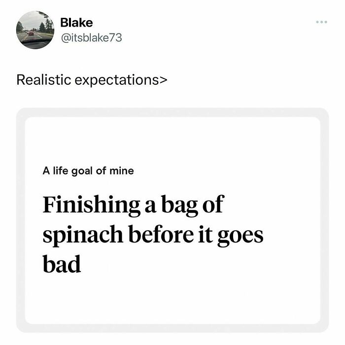 Sarcasm post about realistic life goal: finishing spinach before it spoils.
