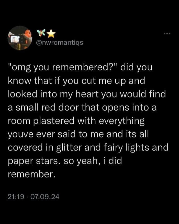 Text meme with a poetic message about remembering sentimental words, featuring fairy lights and a whimsical tone.