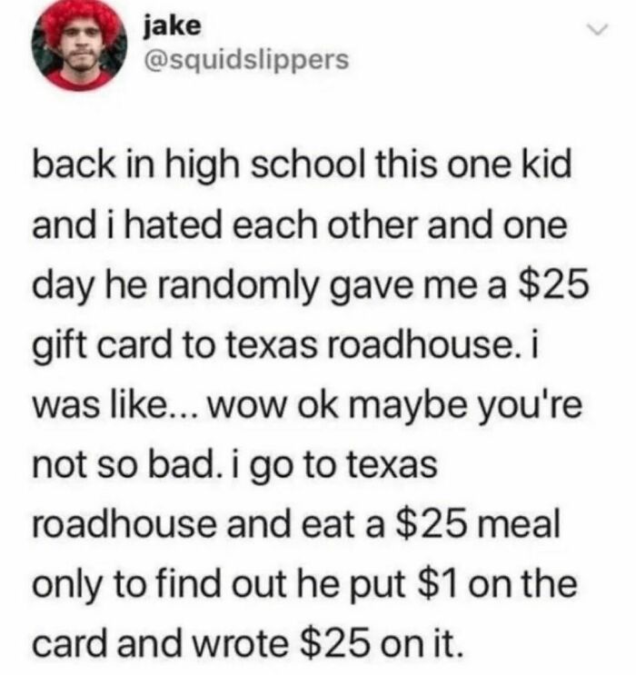Tweet about a high school prank with a fake Texas Roadhouse gift card.