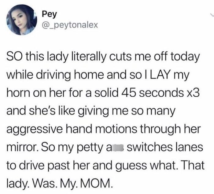 A random hilarious tweet about honking at another driver, only to find out it was the tweeter's mom.