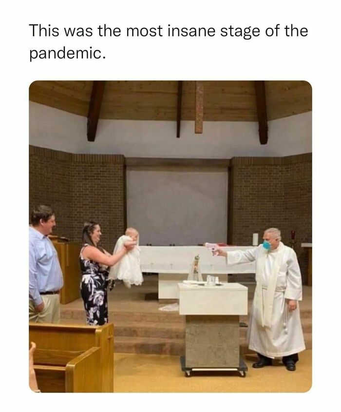 Priest in a mask uses a water gun for baptism, humorously representing pandemic life in Ireland.