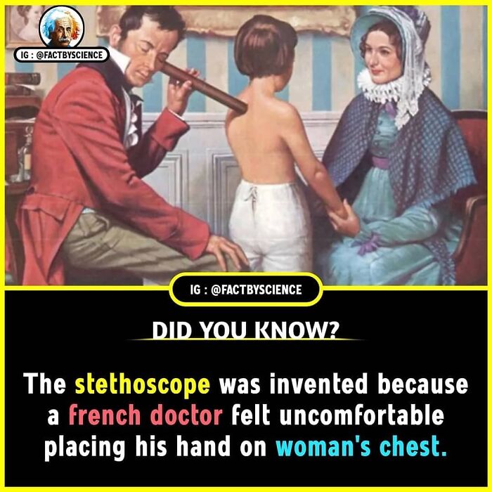 Illustration of a French doctor using an early stethoscope, highlighting interesting world fact about its invention.