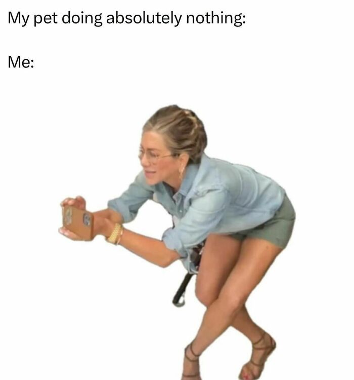 Person in a denim outfit enthusiastically taking a photo on their phone. Relatable memes capture the moment.