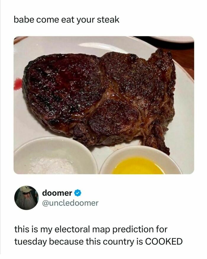 Funny meme of a steak with a caption about electoral map predictions for Tuesday.