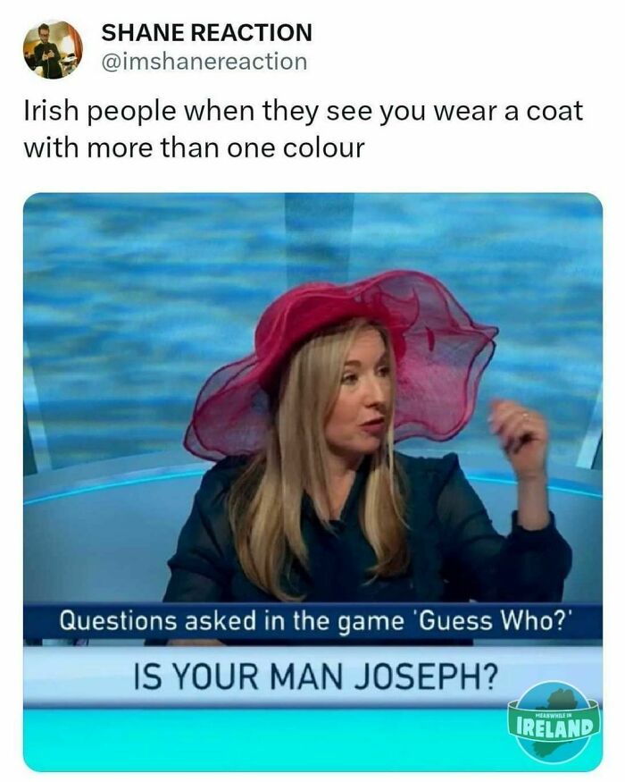 Woman in a red hat speaking humorously about fashion, with text overlay. “Meanwhile in Ireland” meme.