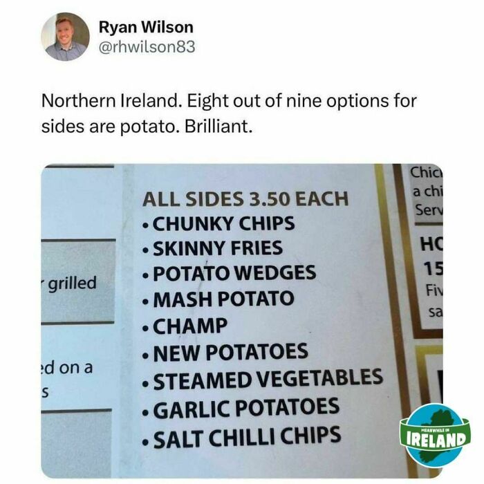 Menu list with eight potato side options, highlighting funny Irish humor.