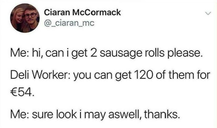 Text post about buying sausage rolls, showcasing a humorous Ireland meme.