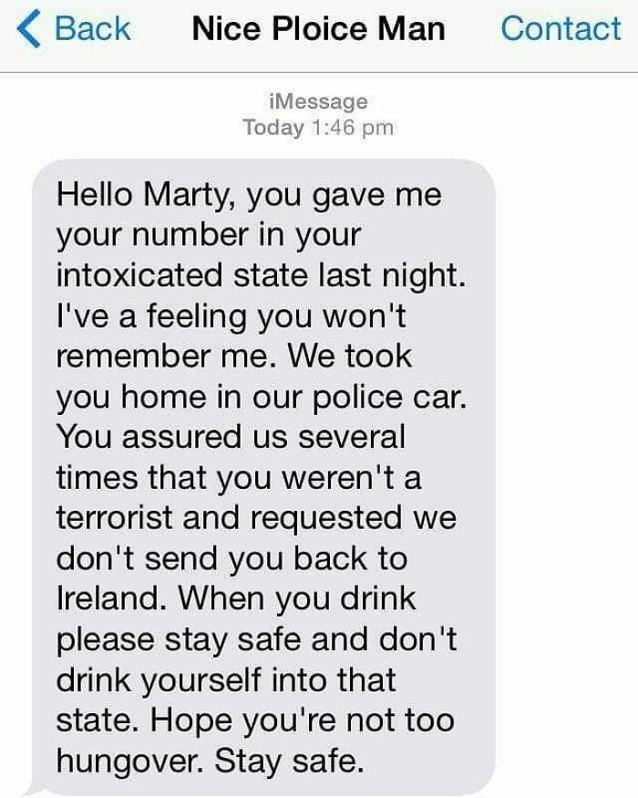 Text message from police to intoxicated person in a funny Meanwhile-In-Ireland meme about a memorable night.