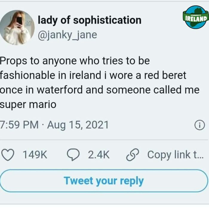 Funny meme about fashion in Ireland, mentioning wearing a red beret in Waterford and being called Super Mario.