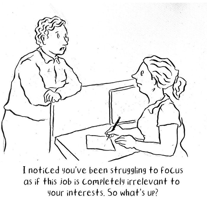 Sometimes dark but funny comic showing a person struggling to focus at work while talking to a coworker.
