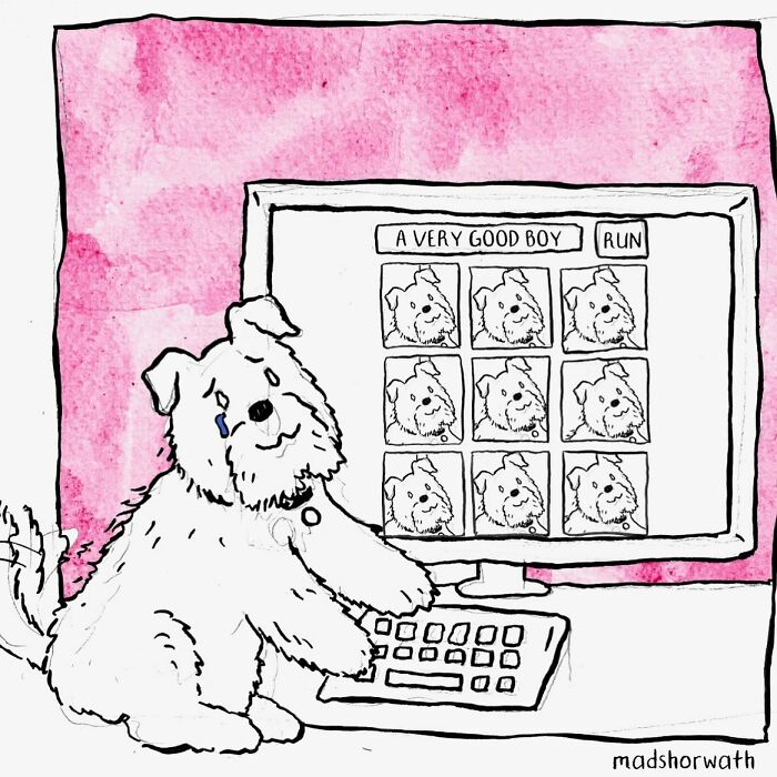 Funny comic illustration by Madeline Horwath showing a dog playing a matching game with pictures of itself.