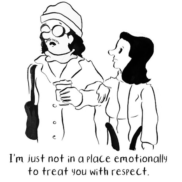 Black and white comic by Madeline Horwath showing two characters with text about emotional boundaries and respect.