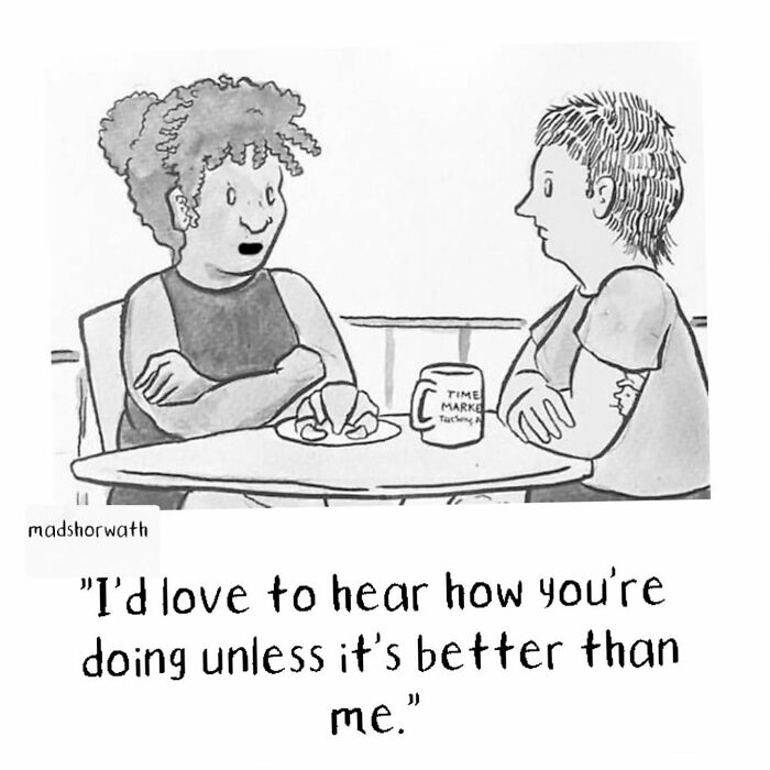Two people having coffee in a sometimes dark but funny comic by Madeline Horwath discussing feelings.