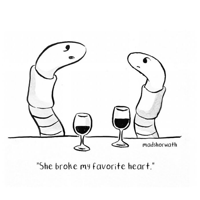 Black and white comic by Madeline Horwath showing two worms with wine glasses in a dark but funny style.