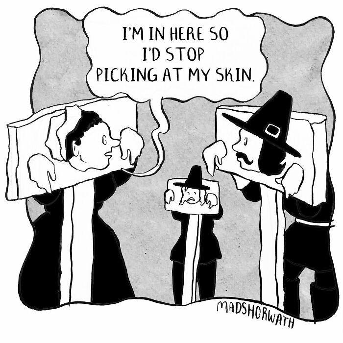 Black and white dark but funny comic by Madeline Horwath showing three people stuck in stocks, one saying stop picking at my skin.