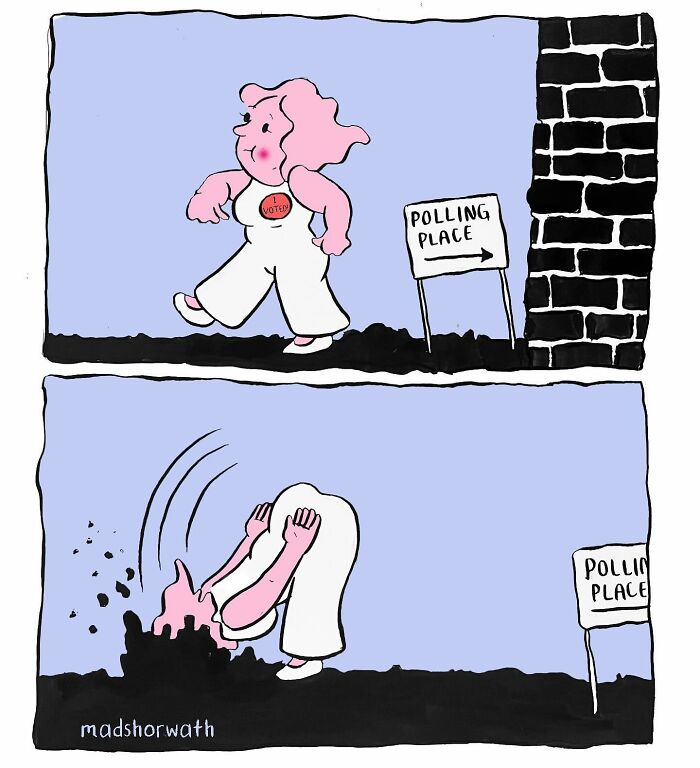 Dark and funny comic by Madeline Horwath depicting a character heading to a polling place and falling face-first into the ground.