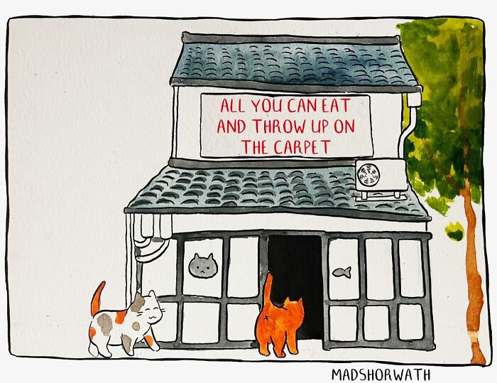 Sometimes dark but funny comics illustration by Madeline Horwath showing cats in front of a quirky building with humorous sign.
