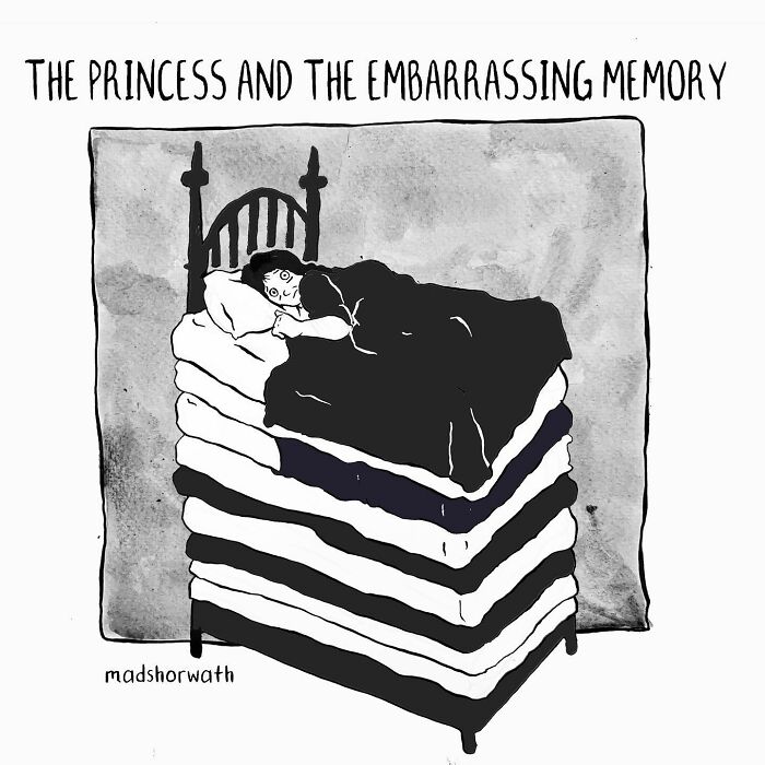 Sometimes dark but funny comic showing a princess lying wide awake on a tall stack of mattresses in bed.
