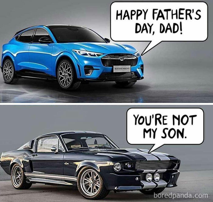 Electric car meme illustrating a conversation between a modern blue Mustang Mach-E and a classic Mustang.