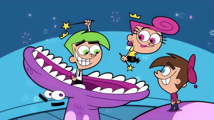 A famous trio from The Fairly OddParents, featuring Timmy Turner with his fairy godparents, Cosmo and Wanda, in a whimsical scene with Cosmo inside a large creature’s mouth.