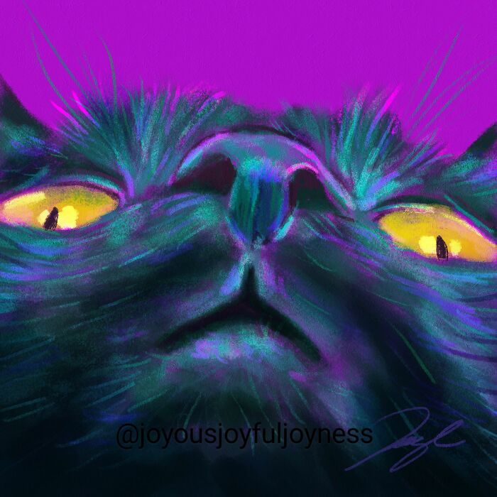 Vibrant close-up painting of a cat with glowing yellow eyes and a neon purple background.