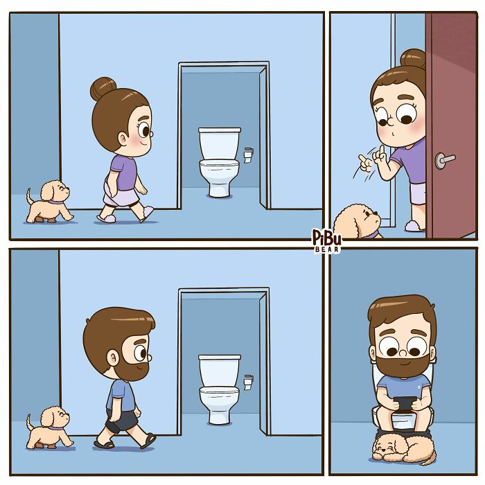 Couple comic by Pibubear shows a woman and man interacting with a puppy near a bathroom.