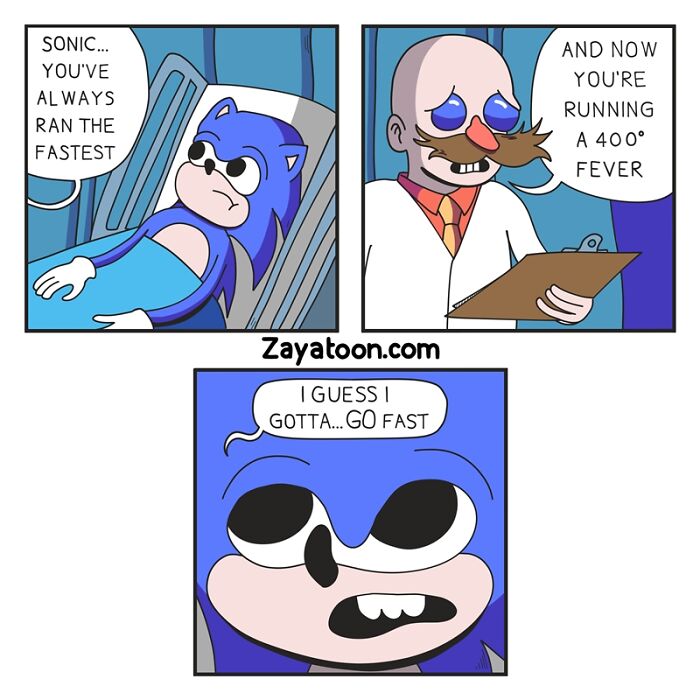 Funny comic featuring pop culture character Sonic humorously dealing with a high fever, created by Zayatoon.