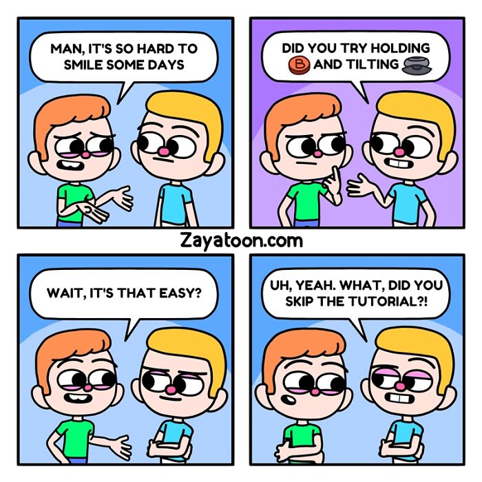 Funny comic by Zayatoon featuring two characters discussing a simple trick to smile.