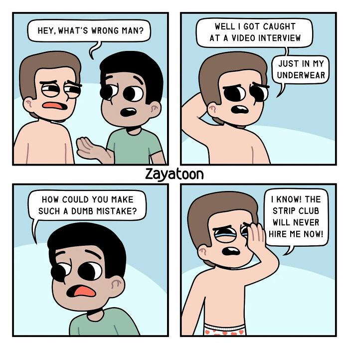 Comic by Zayatoon featuring a humorous video interview mishap involving pop culture characters.