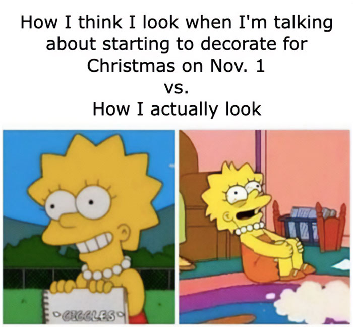 Cartoon character showcasing cringe-worthy November meme about decorating for Christmas.