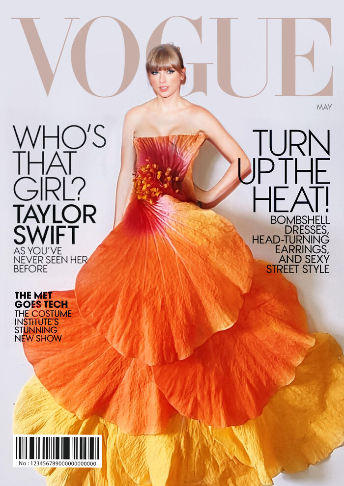 Iconic magazine cover reimagined with a dress made of vibrant flower petals, highlighting creative fashion design.
