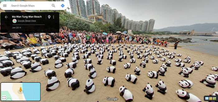 Google Street View captures a beach filled with panda sculptures, surrounded by onlookers at Ma Wan Tung Wan Beach.