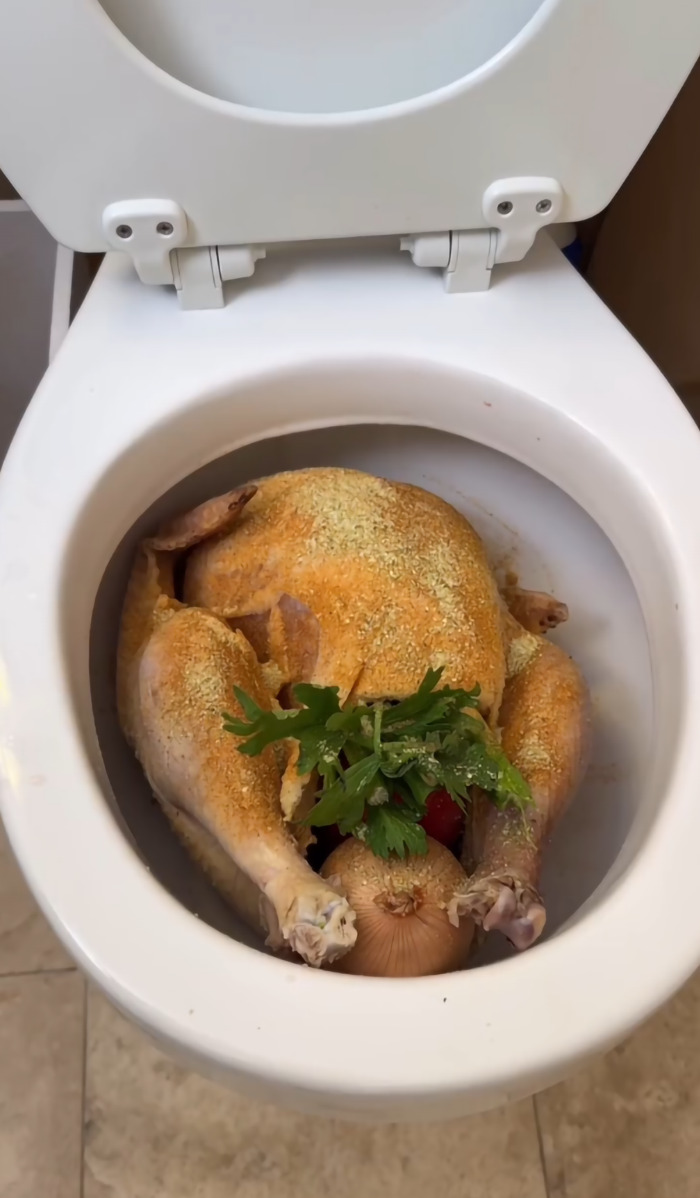 Thanksgiving turkey controversially cooked in a toilet, garnished with herbs and onion.