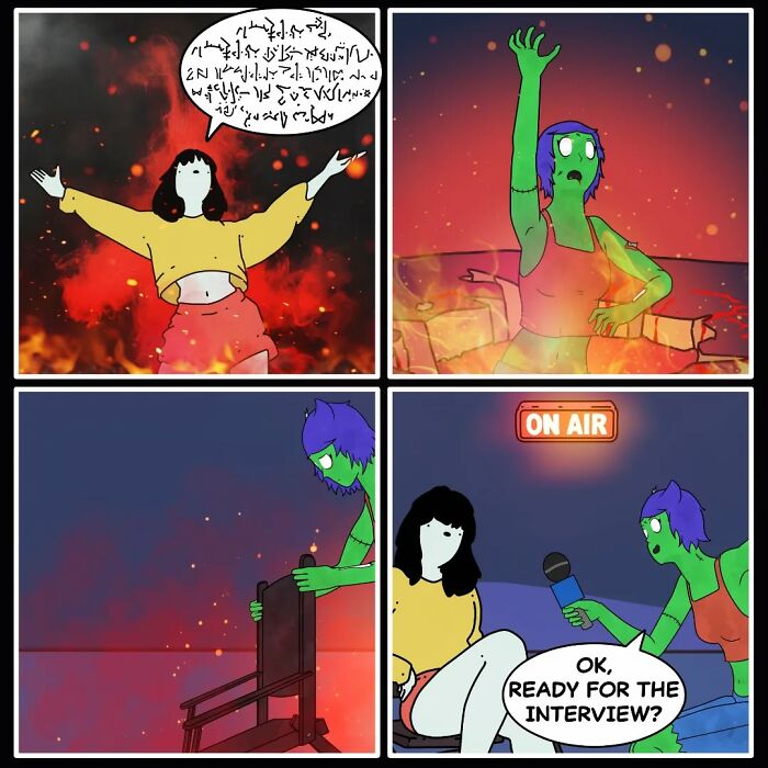 Comic by Miles Erickson with a character rising from flames, leading to a humorous interview scene with a green figure.