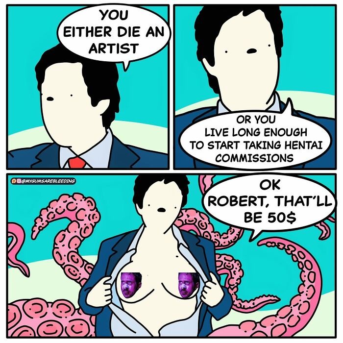 Bold comic by Miles Erickson with a twisted ending featuring humorous dialogue and tentacles in the background.