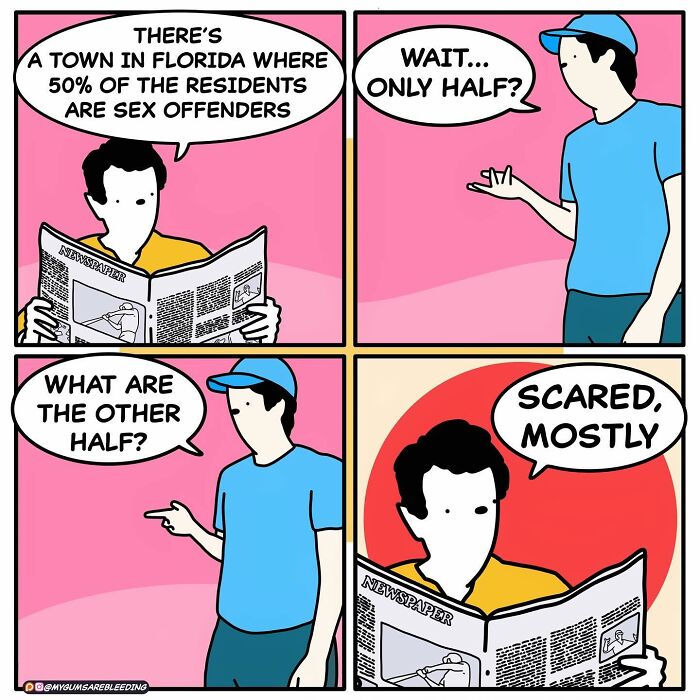 Two characters in a bold comic discuss a Florida town's residents, revealing a twisted ending about their fears.